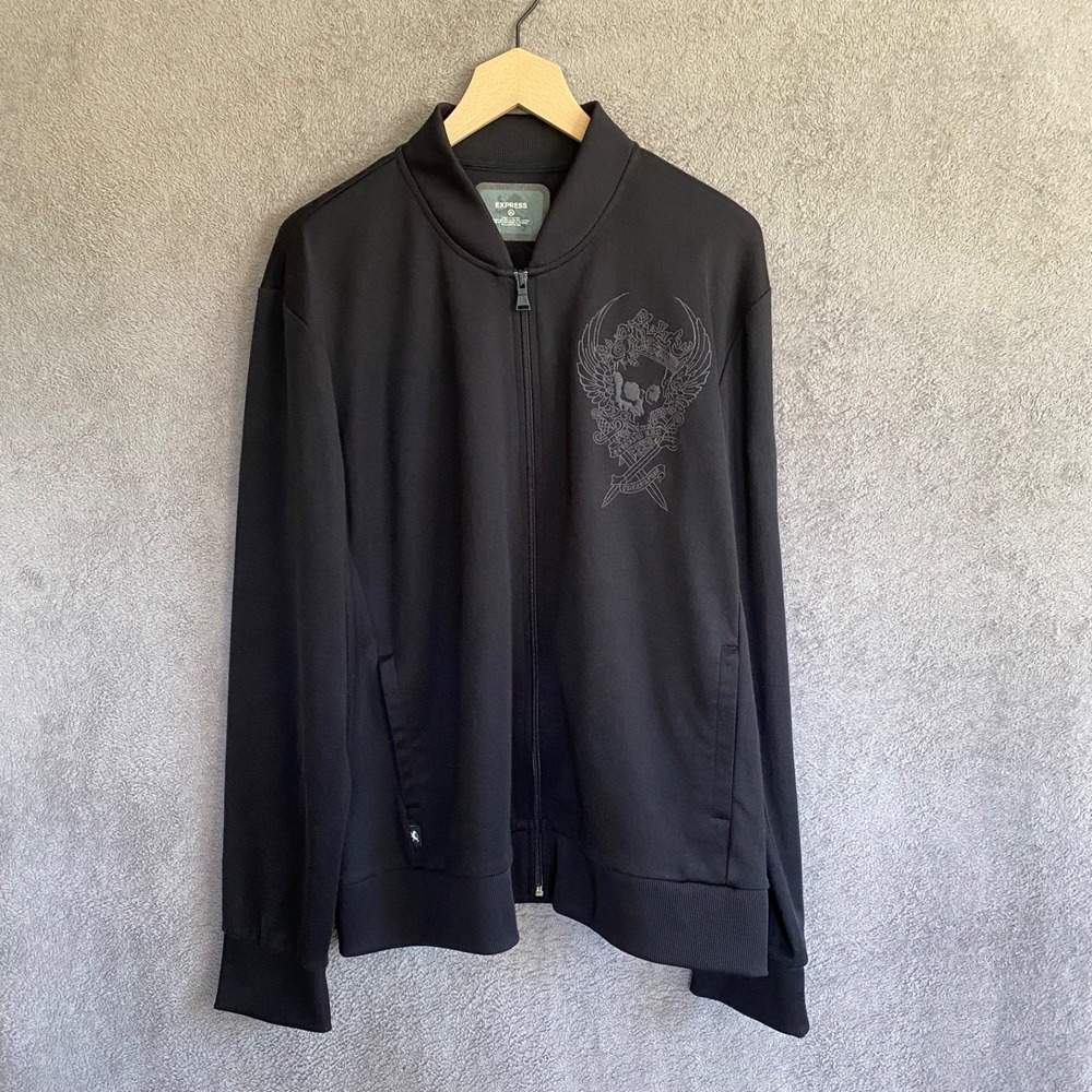 Y2K Express Mens Skull Graphic Full Zip Jacket Size XL Gothic Biker Tattoo Crown